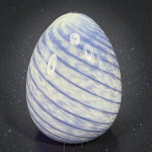 Italian Glass Egg Figurine Hollow Inside Blue White Lines Pattern Paperweight